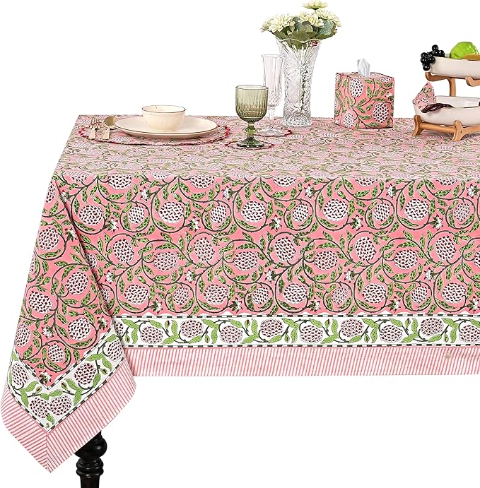 Ridhi Strawberry Pink Hand Block Print Cotton Rectangle Tablecloth 90 x 60 inch-Reusable Table Cover Decorative Everyday Use for Dining Room, Farmhouse, Thanksgiving, Christmas Wedding, Fall