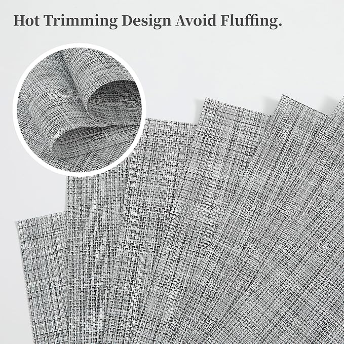Leetaltree Linen Grey Placemats Set of 8 - Heat Resistant Non-Slip Place mats for Dining Table, Washable Durable PVC Vinyl Woven Table Mats（Linen Grey, 8）