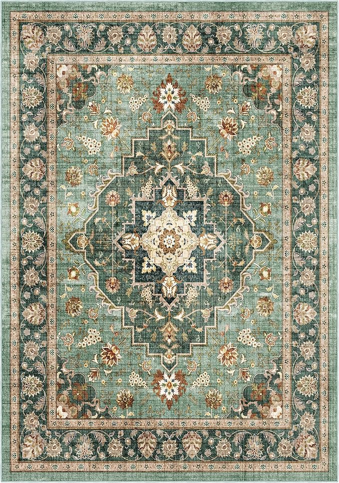 Area Rug for Living Room - Vintage Indoor Machine Washable Rug for Bedroom Dinning Room Floor - Soft Low-Pile Carpet Non-Slip Backing Floral Rugs for Office (Forest Green, 5' × 7')
