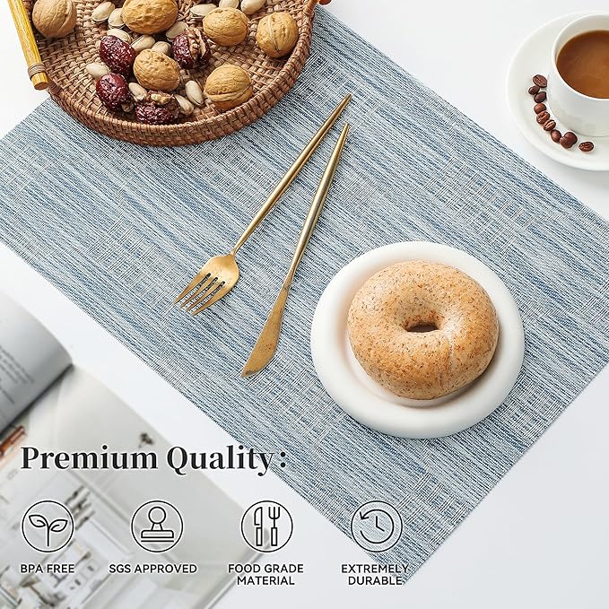 Leetaltree Jacquard Blue Placemats Set of 8 - Heat Resistant Non-Slip Place mats for Dining Table, Washable Durable PVC Vinyl Woven Table Mats(Jacquard Blue, 8)