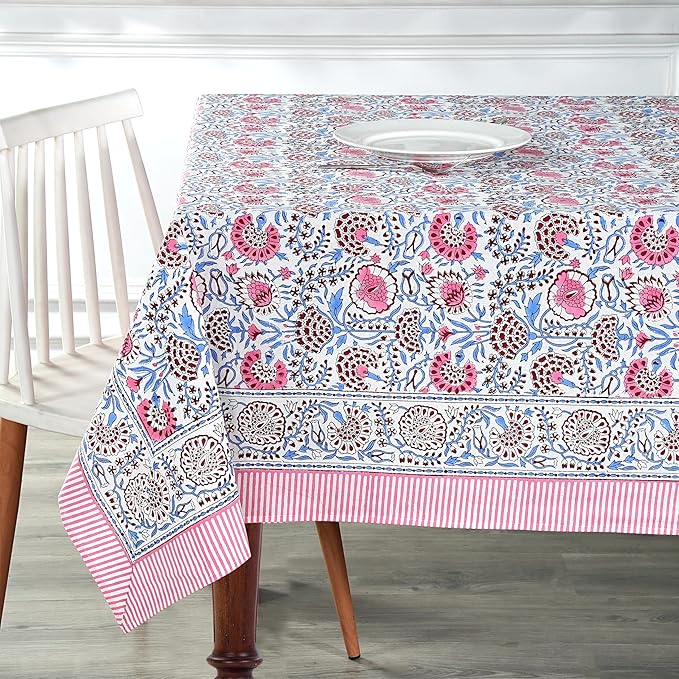 Ridhi Pigeon Blue Hand Block Print Cotton Rectangle Tablecloth 120 x 80 inch-Reusable Table Cover Decorative Everyday Use for Dining Room, Farmhouse, Thanksgiving, Christmas Wedding, Fall